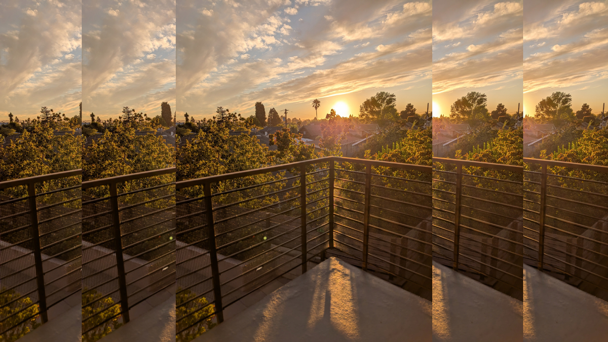 Staggered images of a sunset from a balcony.