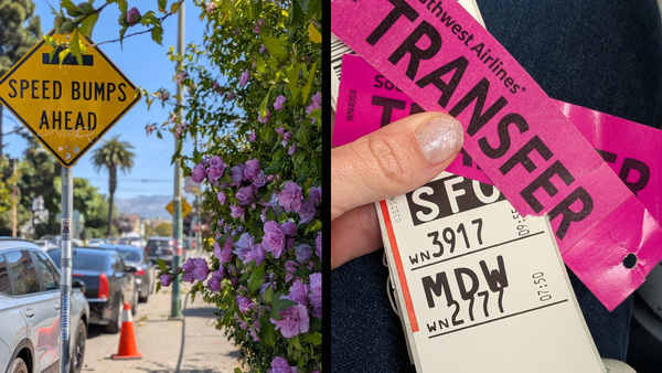 Street sign that says "speed bumps ahead" next to an image of "transfer" airport luggage tags.