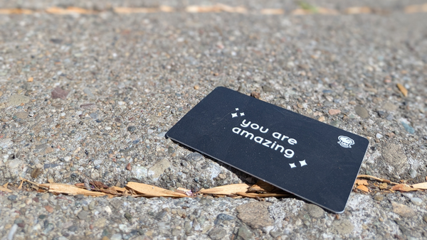 A black card with white lettering that says "you are amazing" laying on the sidewalk among the leaves.