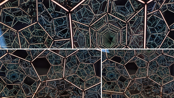 Multiple views of a independent street art fixture that features a prism of mirrors reflecting light in lines.