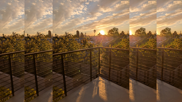 Staggered images of a sunset from a balcony.