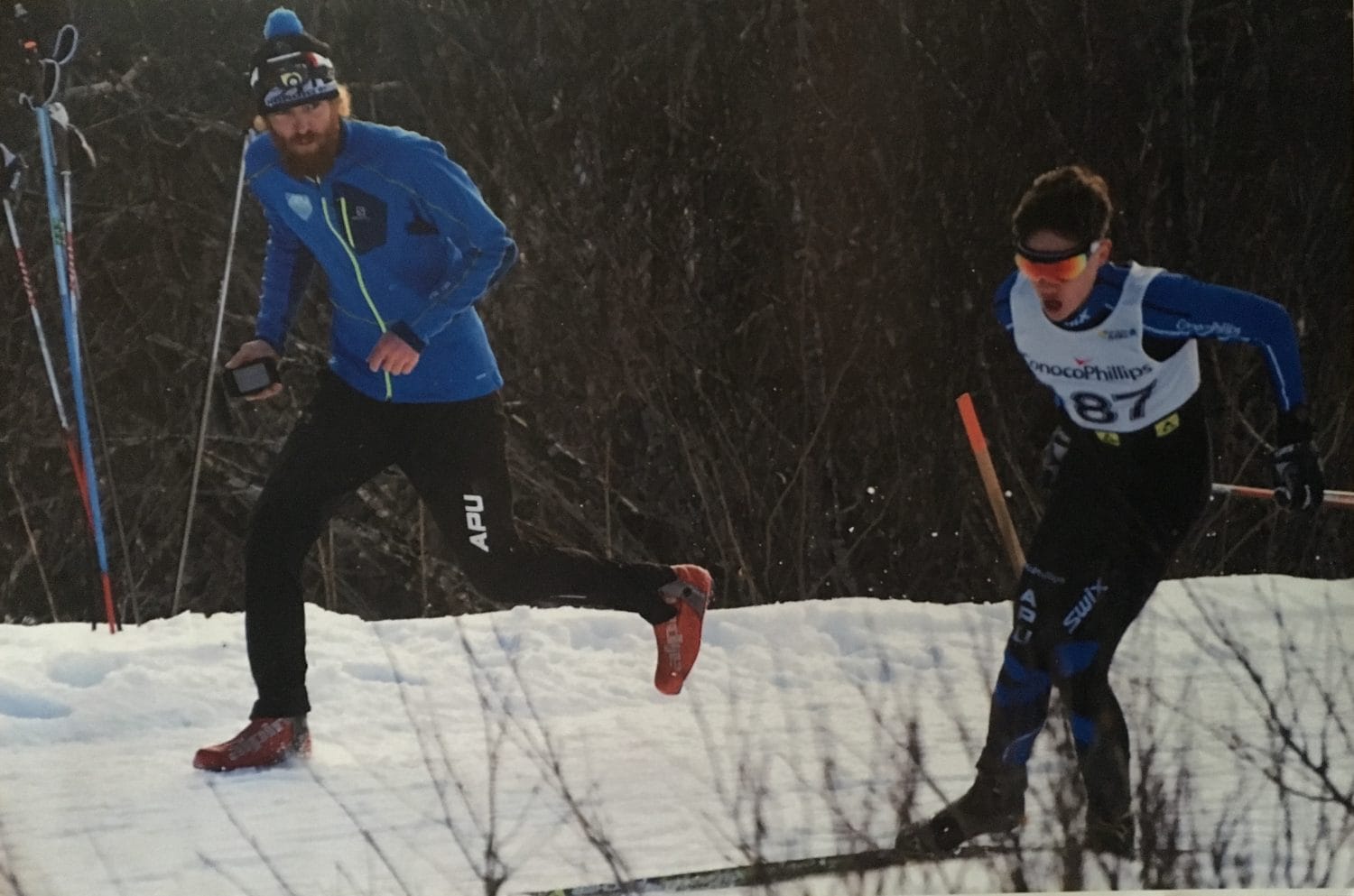 Galen Johnston (L), cheers on junior skier Luke Jager (R) Photo by: Jim Jager and courtesy of Galen Johnston