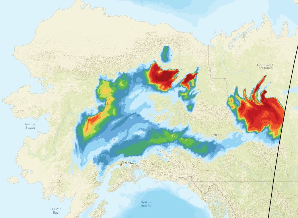 This image shows the extent of the smoke spreading Tuesday evening from fires burning in the northeastern Interior, Yukon and Northwest territories. Image courtesy National Oceanic and Atmospheric Administration