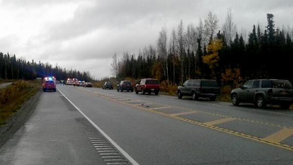 Emergency vehicles respond to the fatal crash near Mile 53 of the Parks Highway.  Photo courtesy of Mark Green