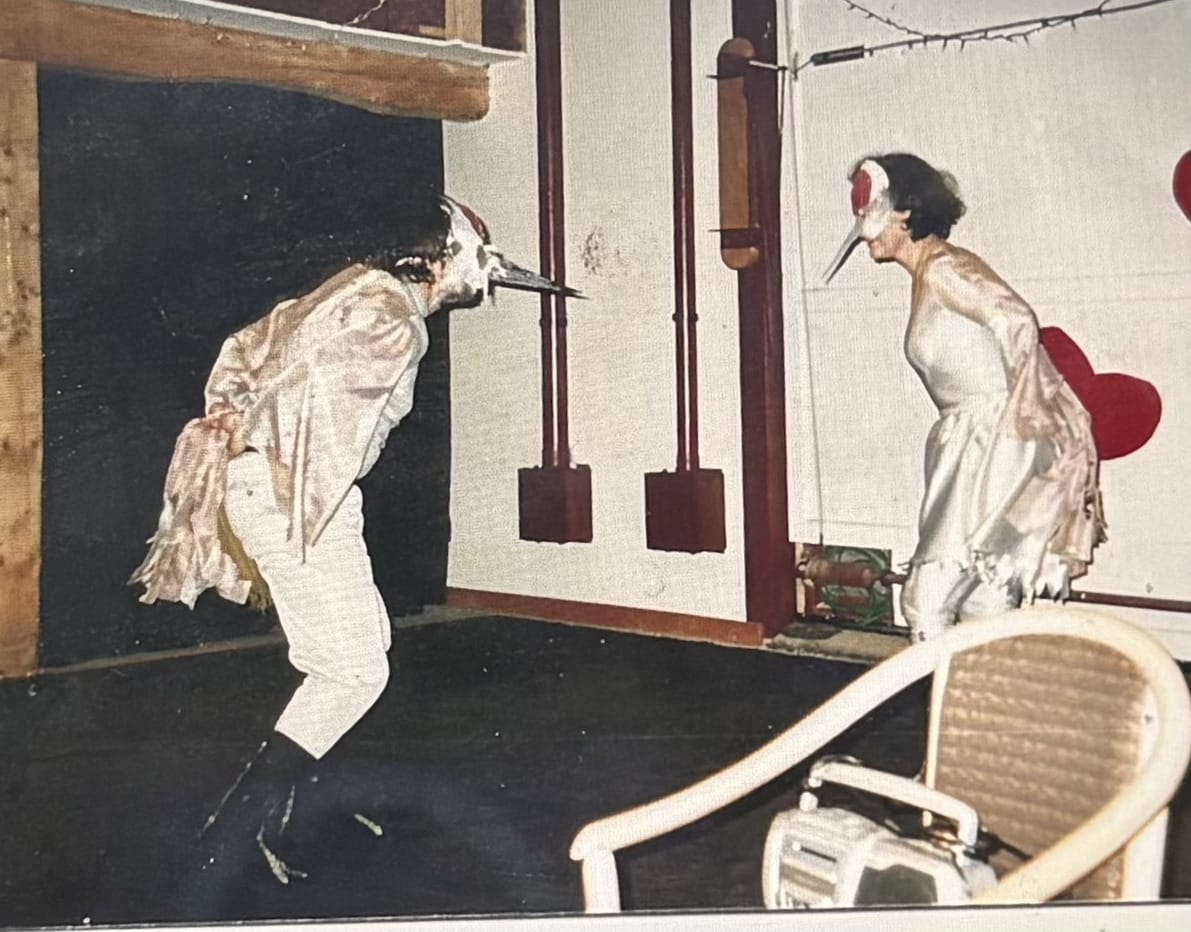 Kathy and Rick Ernst dress in sandhill crane costumes and perform the crane mating dance at the Denali Arts Council's Sheldon Community Arts Hangar, date unknown. 