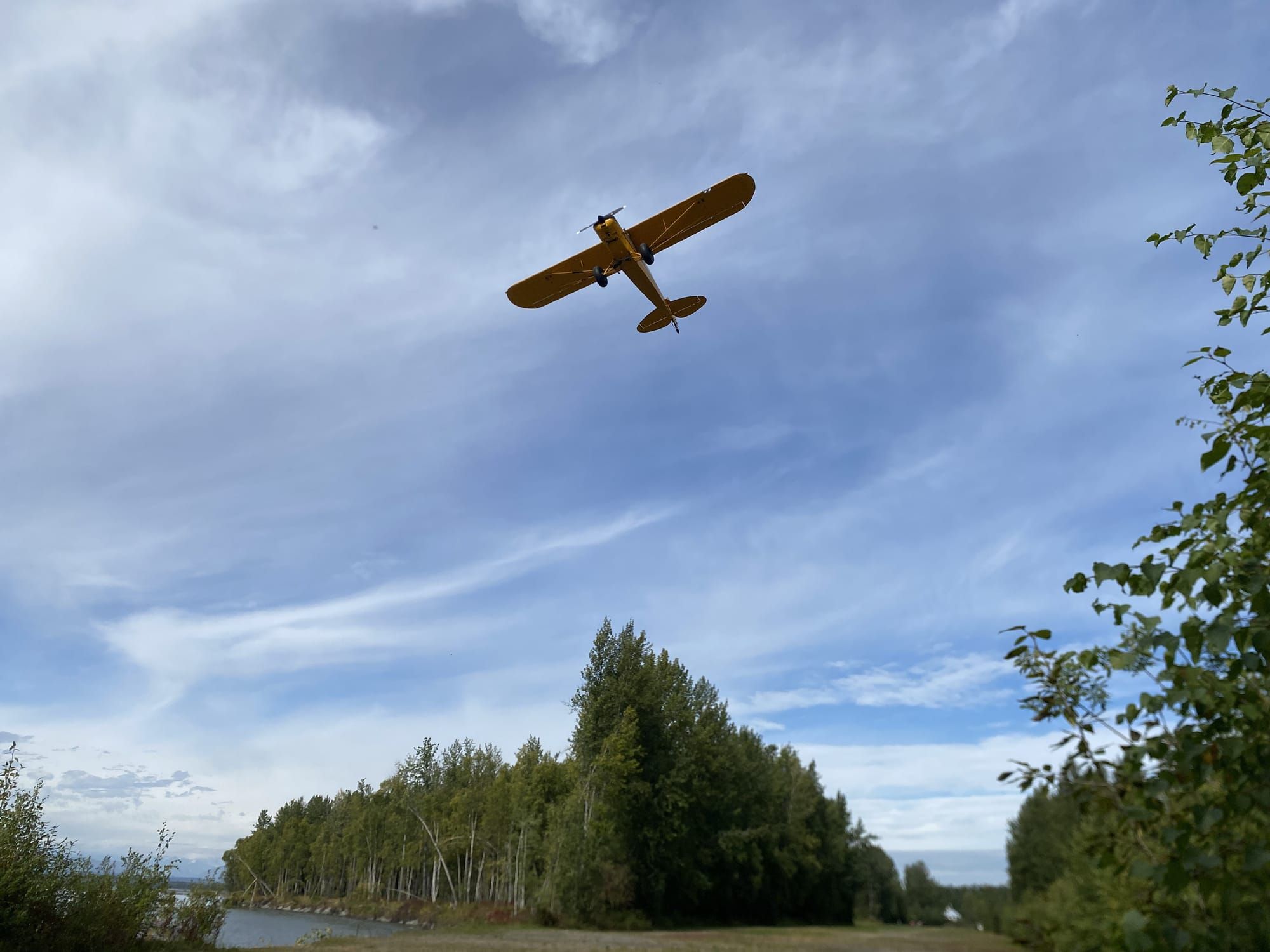 This image shows the grass Talkeetna Village Airstrip where it meets the Susitna River. A small plane has just taken off from the Airstrip and is flying low in the sky.