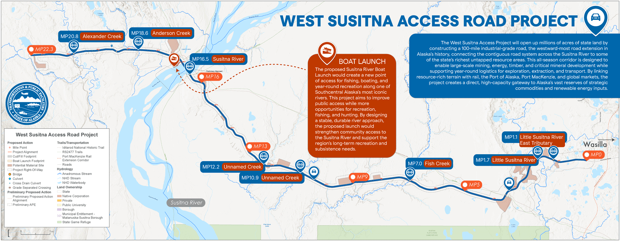 This map shows the first 22 miles of the proposed West Sustina Access Road beginning in the Wasilla/Big Lake area, crossing the Susitna River, and into state land west of the River.