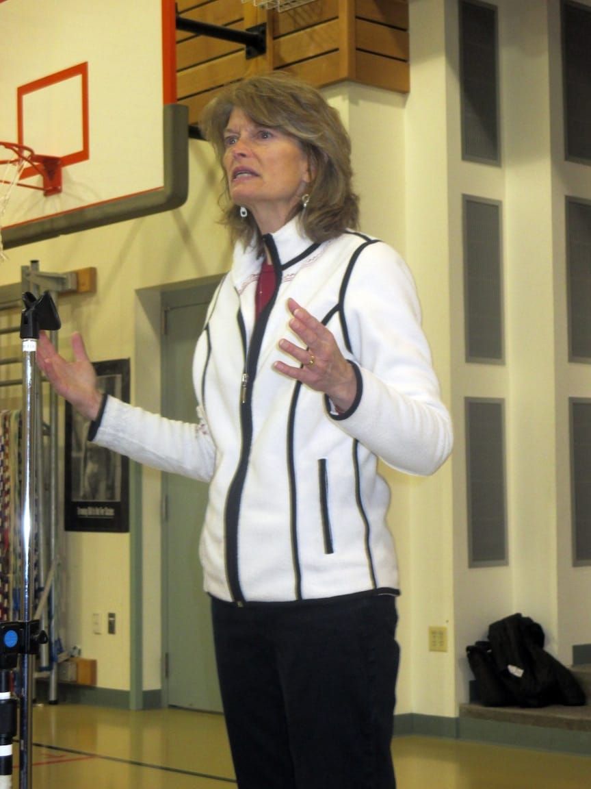 Senator Lisa Murkowski answers questions at Talkeetna town hall meeting