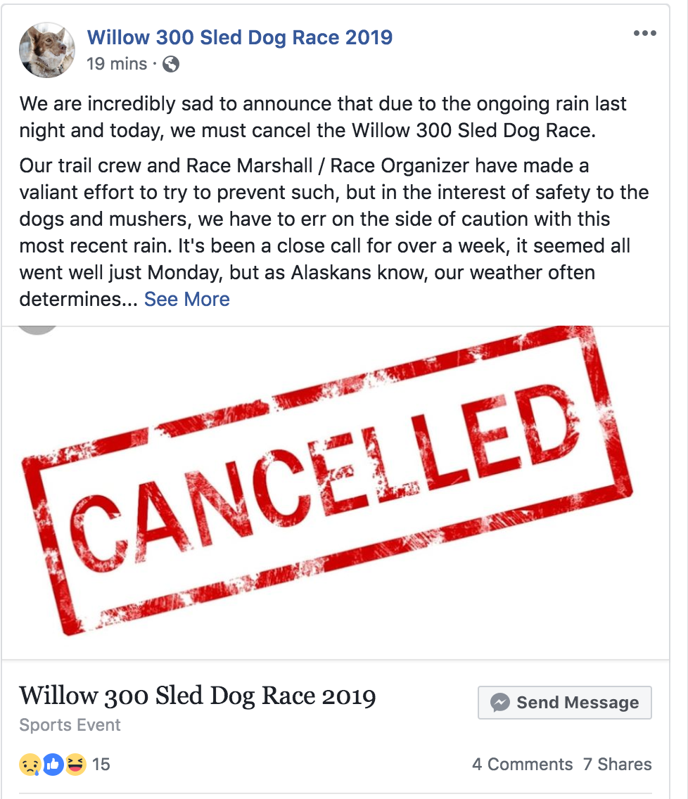 Willow 300 cancelled due to poor trail conditions