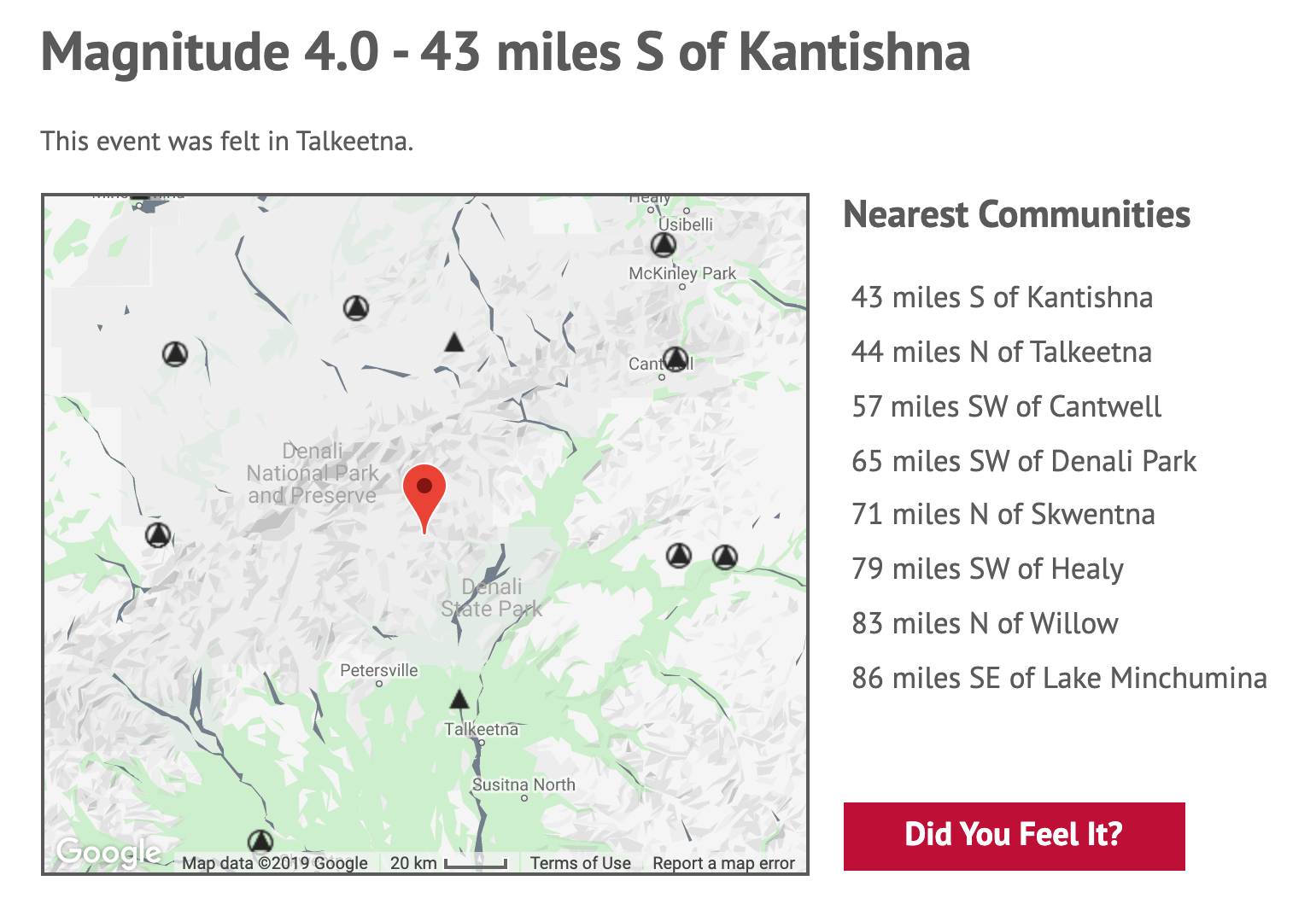 Late-night earthquake felt in Northern Susitna Valley