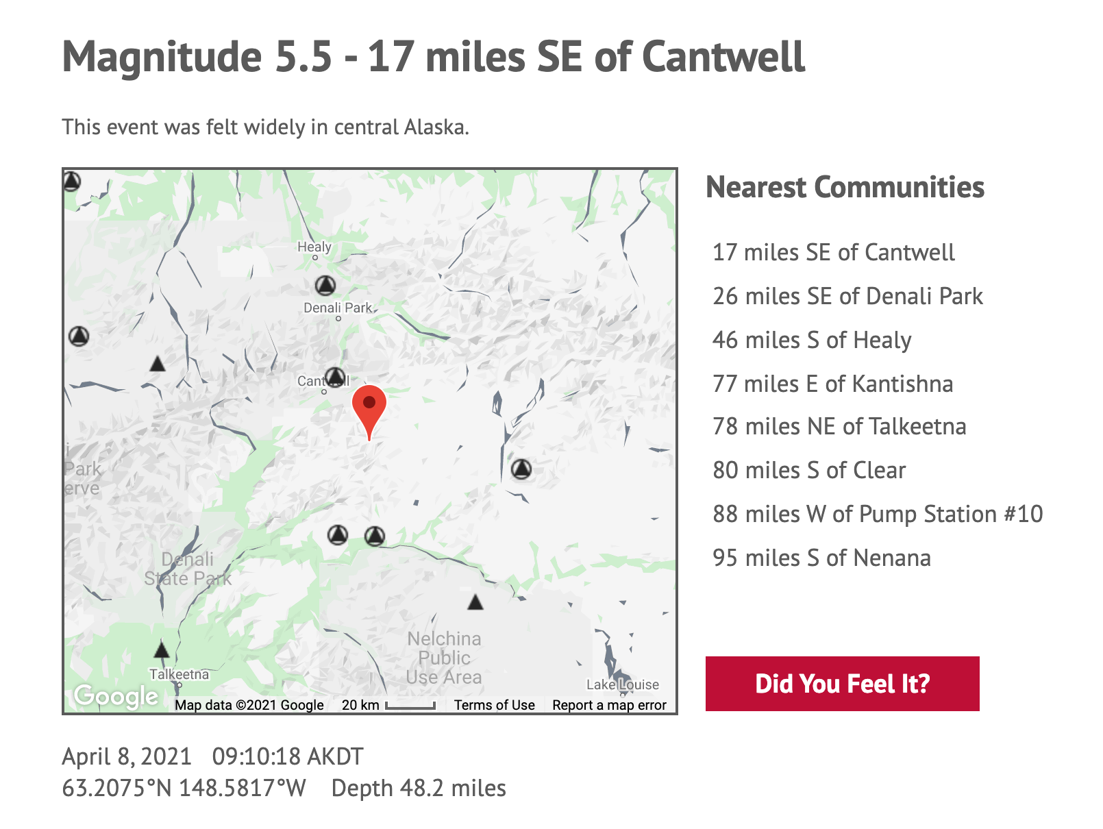 Earthquake near Cantwell felt throughout Interior and Southcentral Alaska