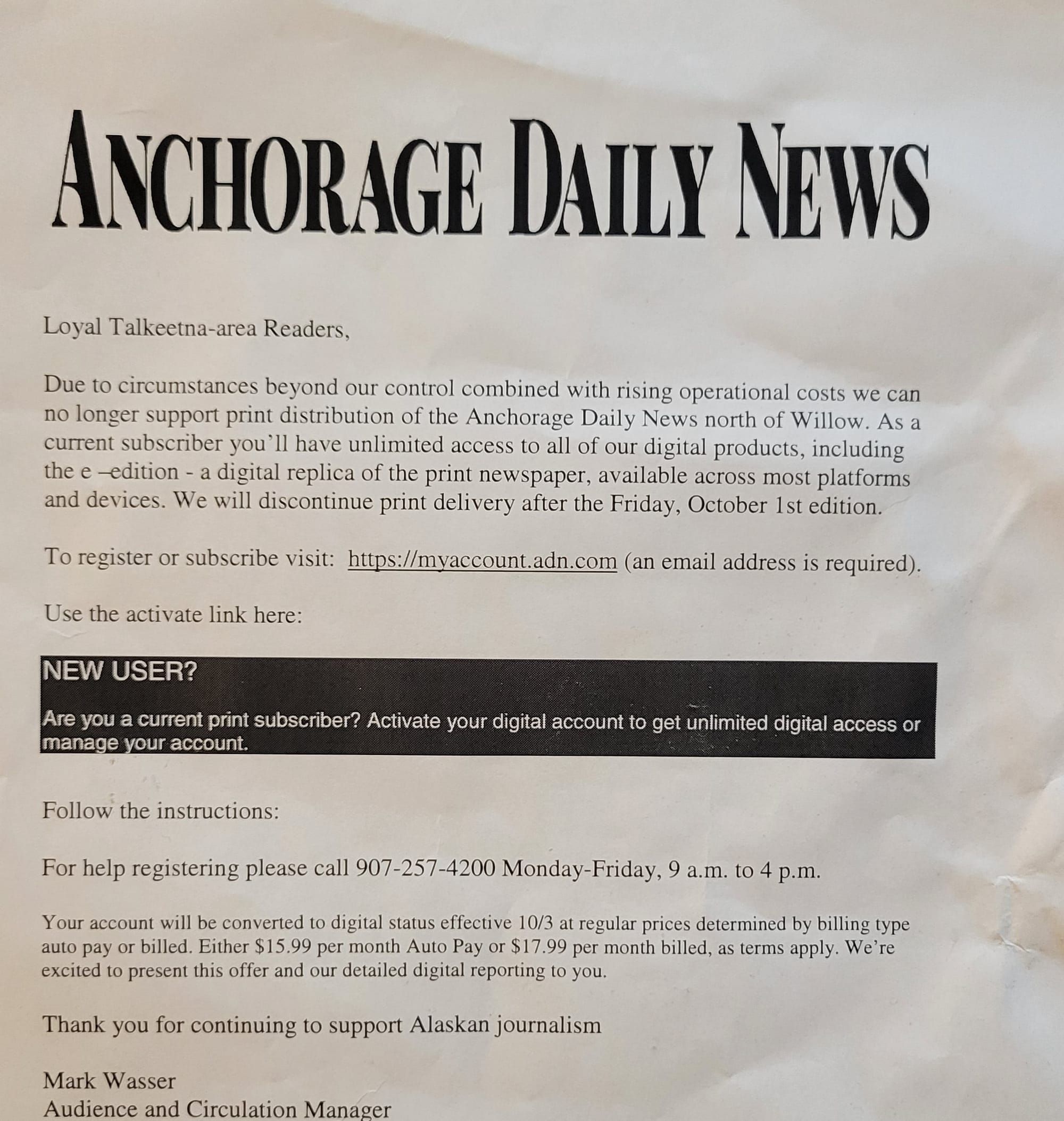 Anchorage Daily News ends paper delivery in Talkeetna area