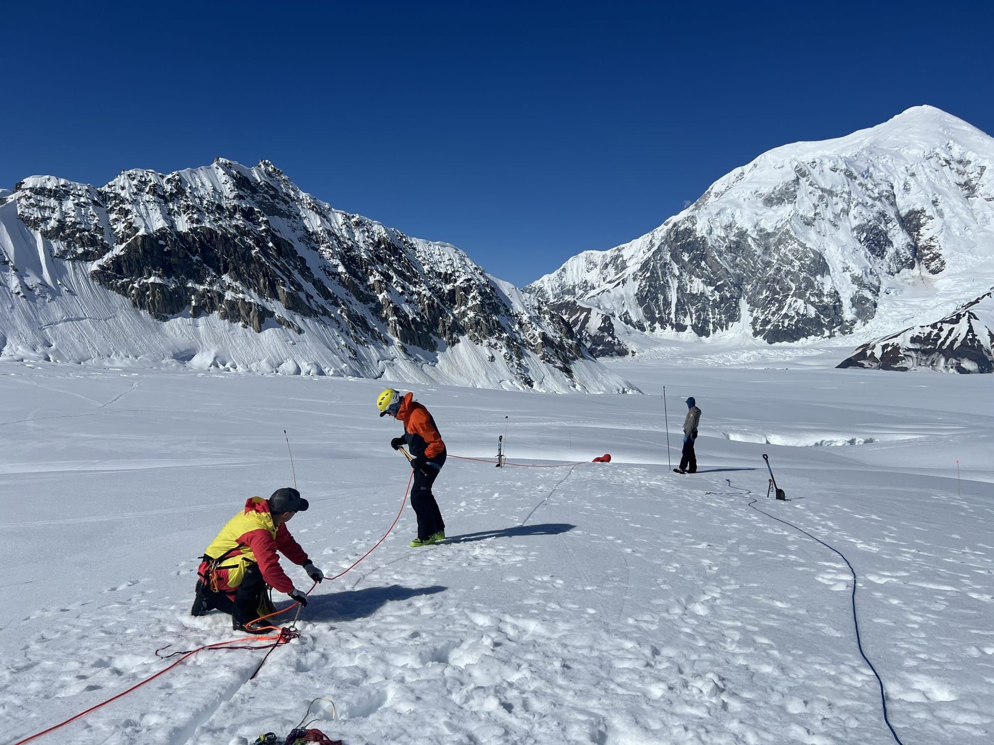 Patrol #7 warming up with some crevasse rescue skills outside of Basecamp.