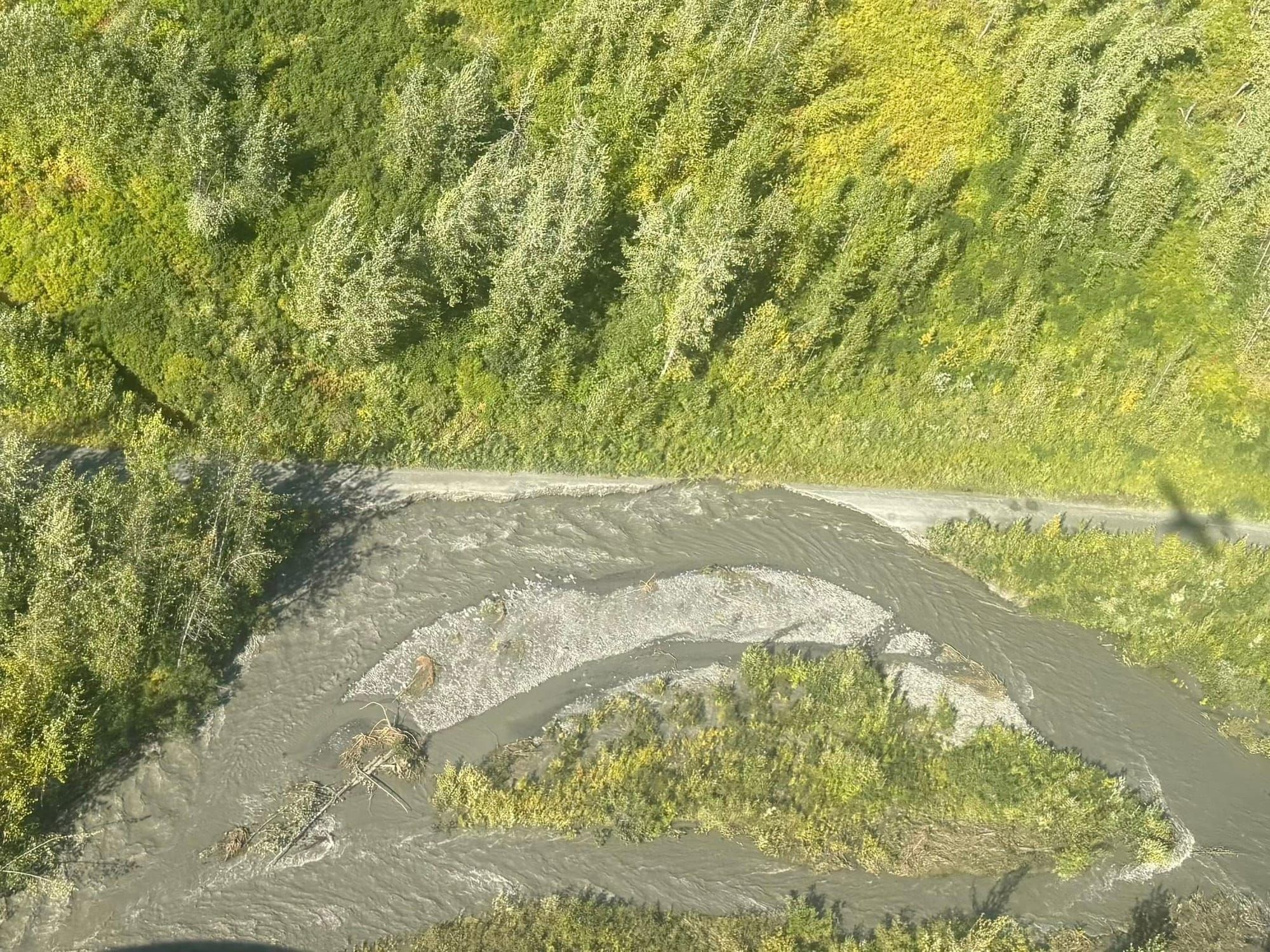 Aerial view of a washed out section of Petersville Road near Cache Creek. Photo credit: David Essex