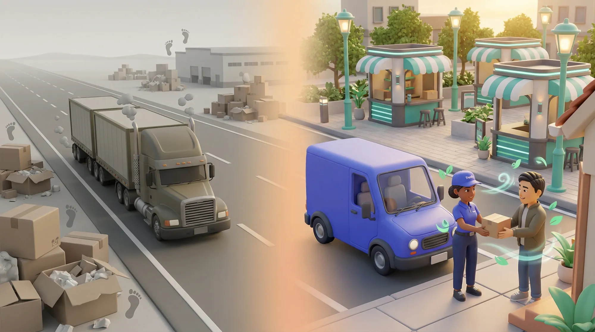Side-by-side comparison showing environmental impact of shipped packages versus local delivery, with carbon footprint visualization
