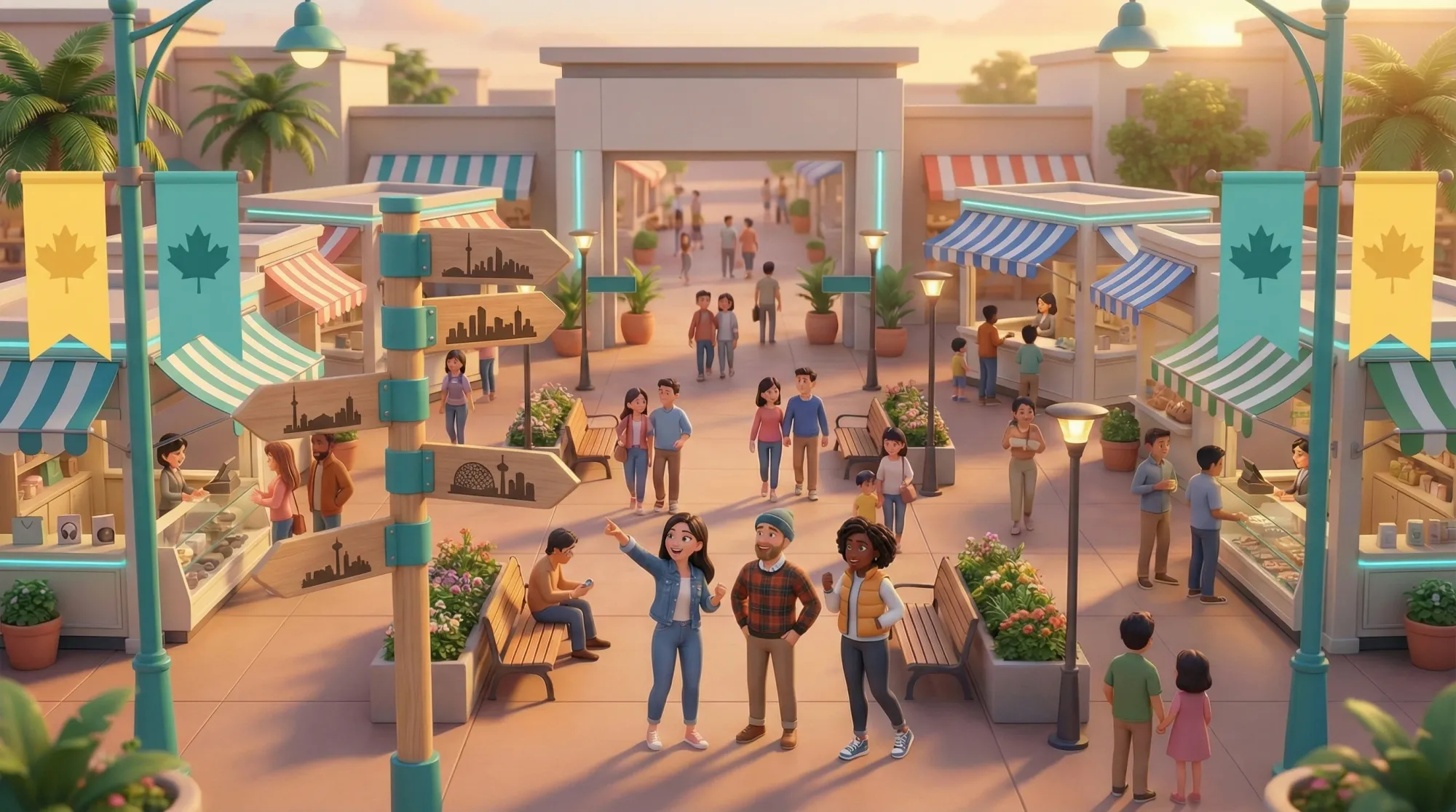 Marketplace plaza celebrating ShopBroker's GTA marketplace with directional signposts to neighbourhoods