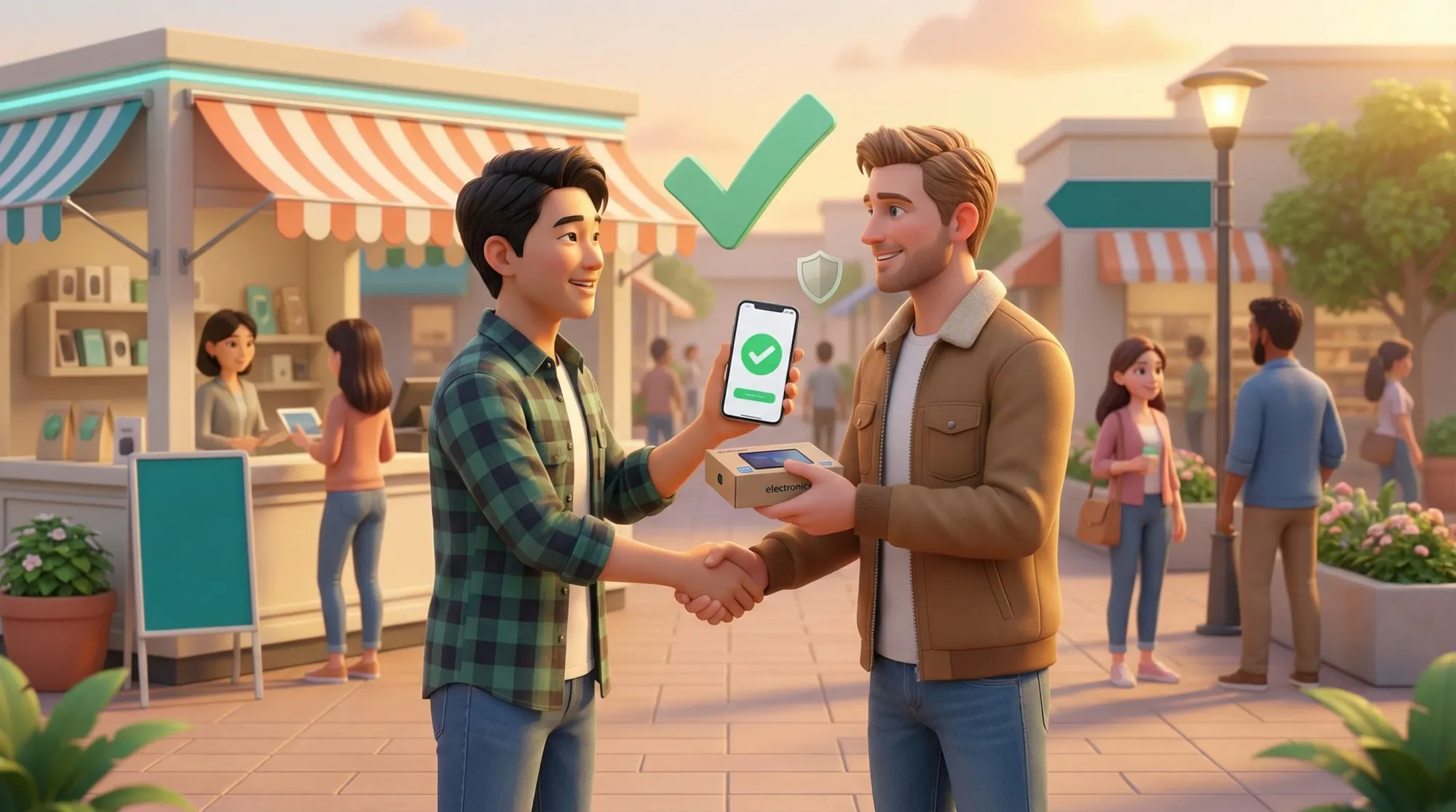 Two people completing a trustworthy handshake exchange with items in the marketplace