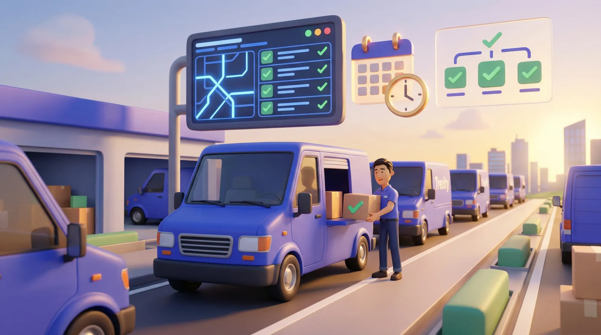 Delivery Hub with Trexity blue vehicles, tracking boards, and organized dispatch