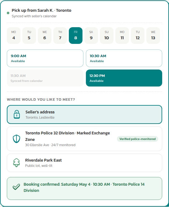 Pickup booking on ShopBroker: a week of 30-minute slots, a highlighted Friday 12:30 PM choice, and a confirmed pickup at a police-monitored safe-trade location.