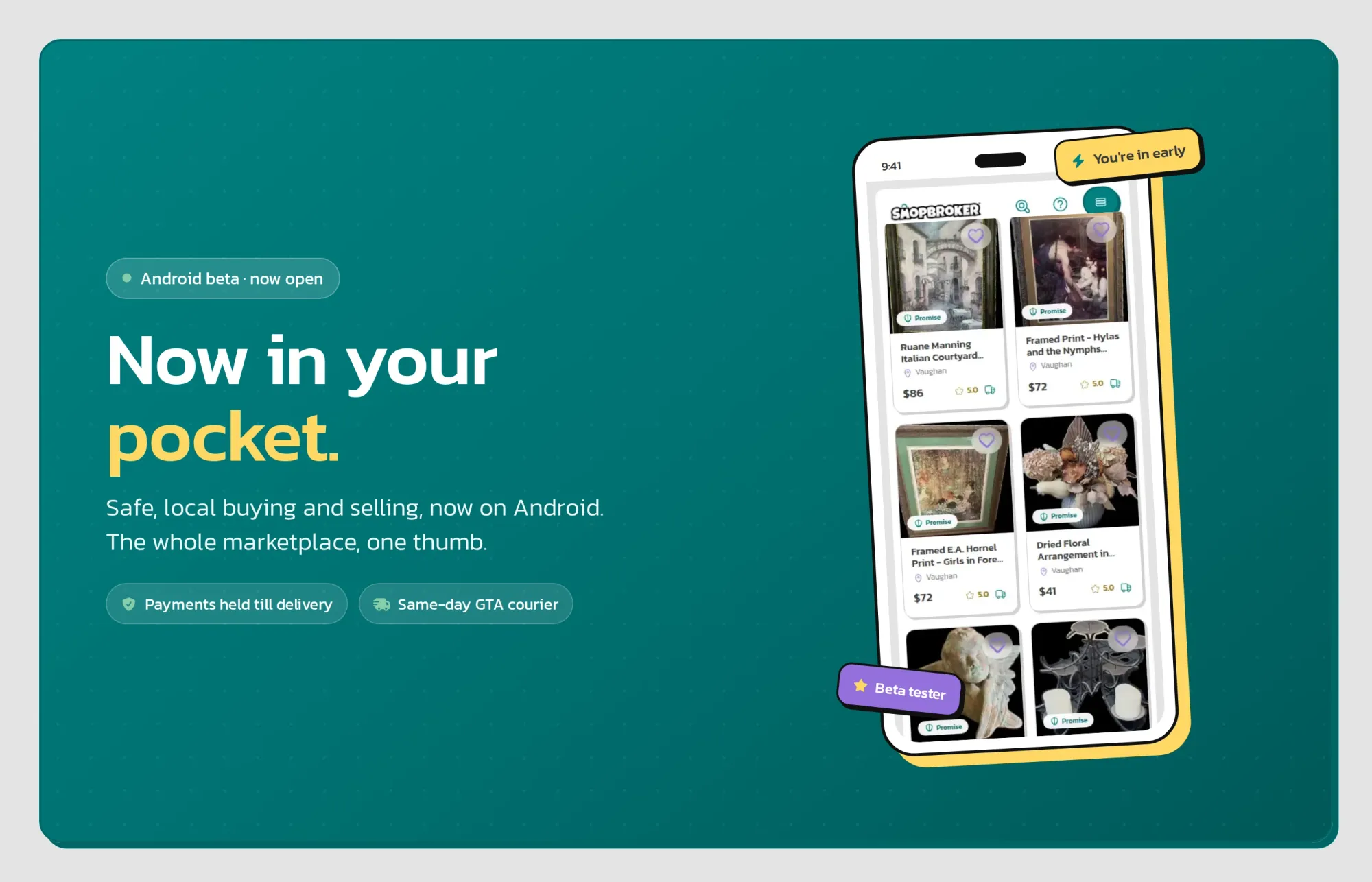 ShopBroker Android app open beta shown on a phone displaying the local marketplace feed