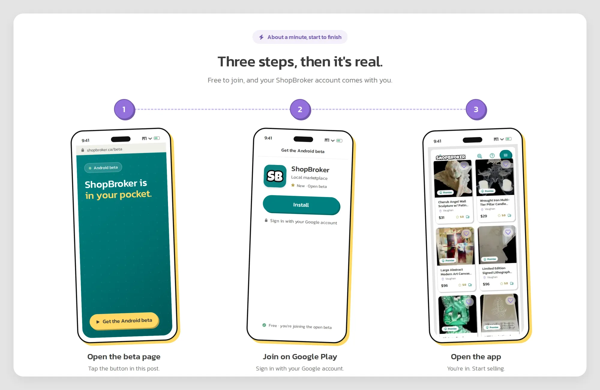 Three steps to join the ShopBroker Android beta: open the beta page, join on Google Play, open the app