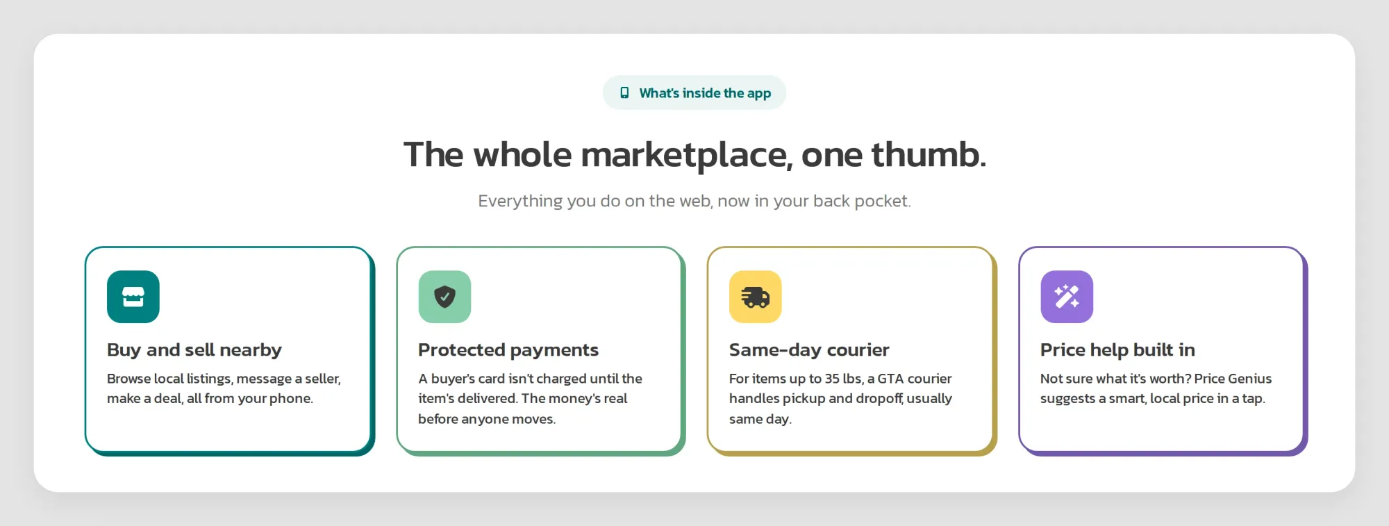 Four ShopBroker app features: local buying and selling, protected payments, same-day courier, price help