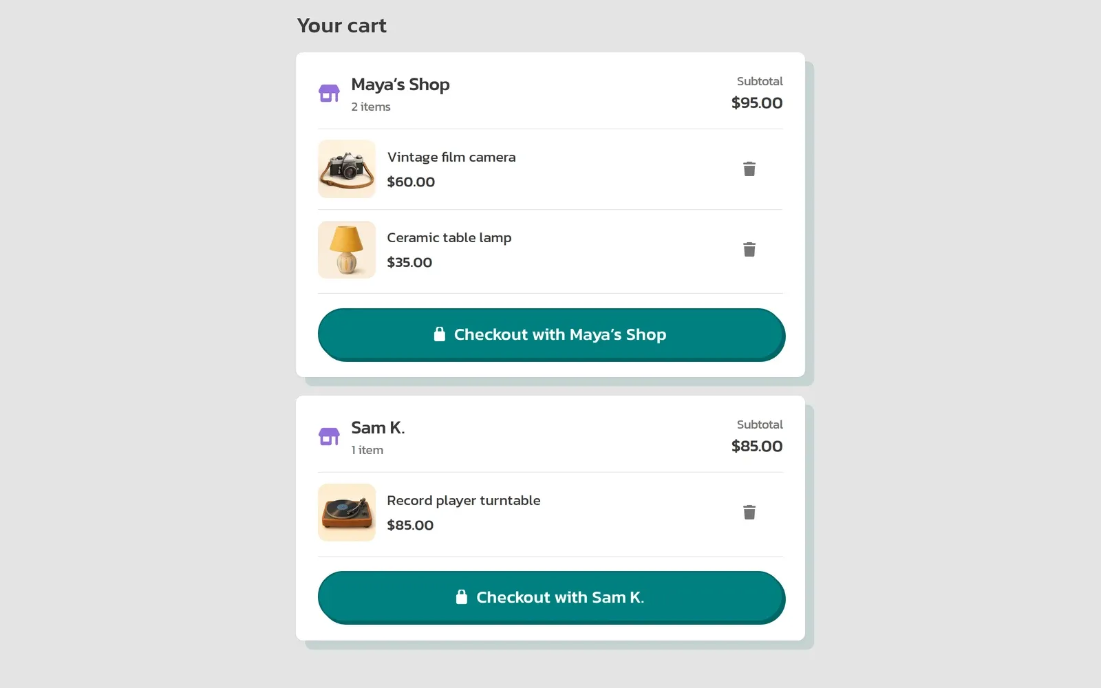 A ShopBroker cart with items grouped by seller, each with its own checkout button.
