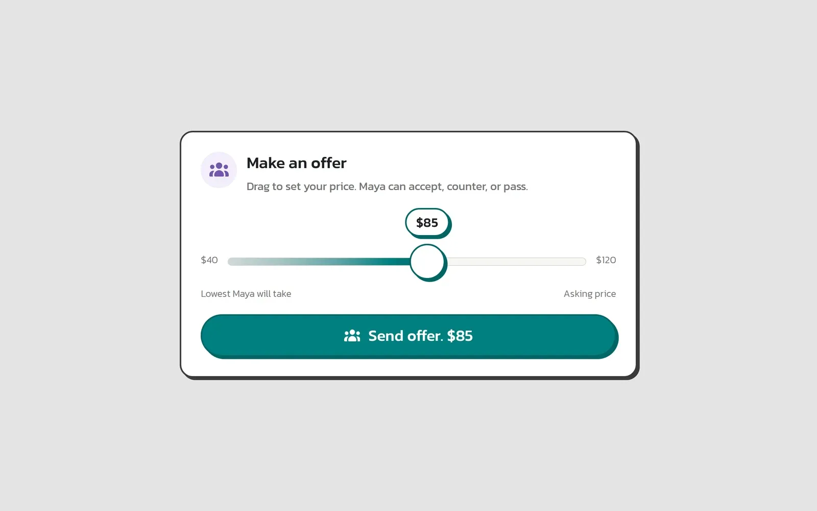 ShopBroker's offer slider set to a price between the seller's lowest and their asking price, with a send-offer button.