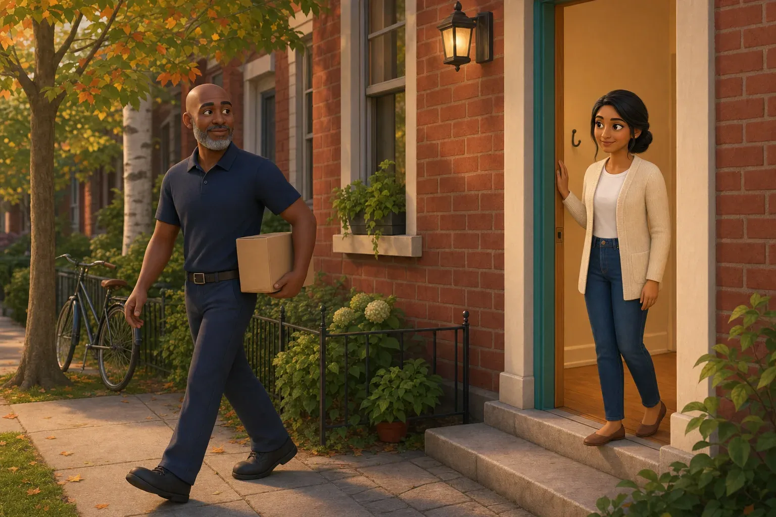 A courier walks away from an open front door carrying one small cardboard box under his arm while the seller watches from her doorway.