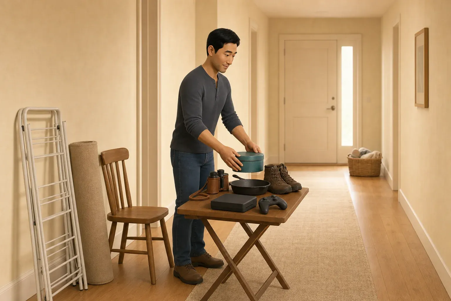 In a long apartment hallway staged for a move, a man sets a small tin on a folding table of mid-size items; a drying rack, rolled rug and chair wait against the wall behind him, and one small basket sits packed and waiting by the front door.