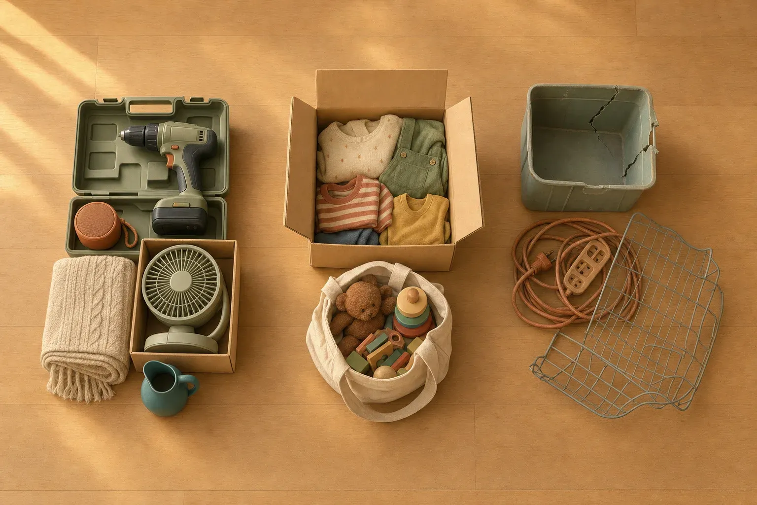 Three groups of household items laid out on a bare wood floor and seen from above: items worth listing, items to donate, and worn-out items to discard.