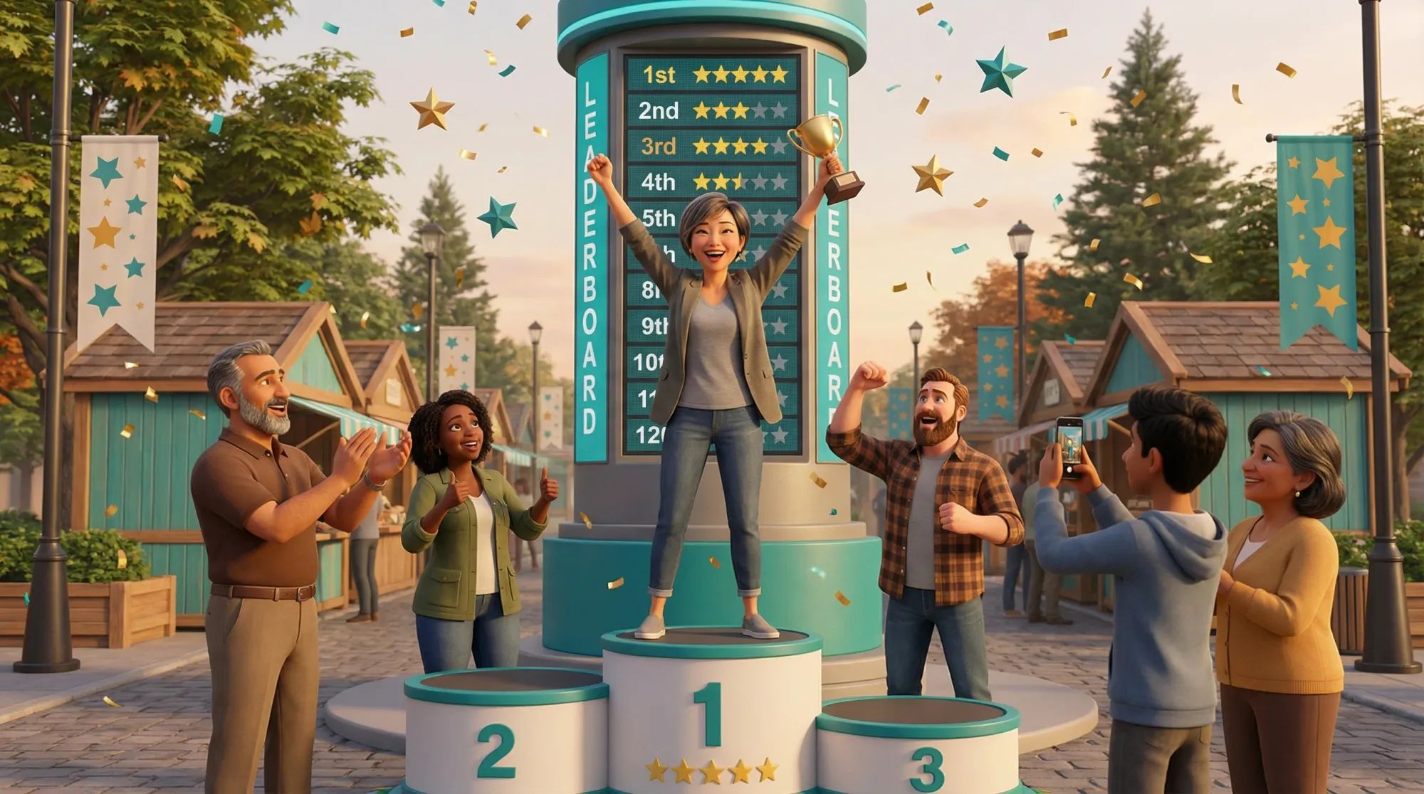 Community Stars leaderboard celebration with winner on podium and diverse crowd applauding