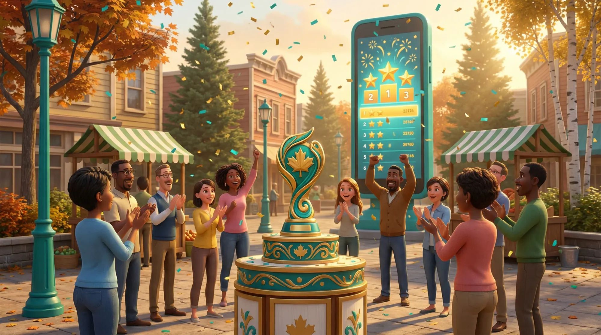 Innovation award celebration with sustainability trophy and cheering community