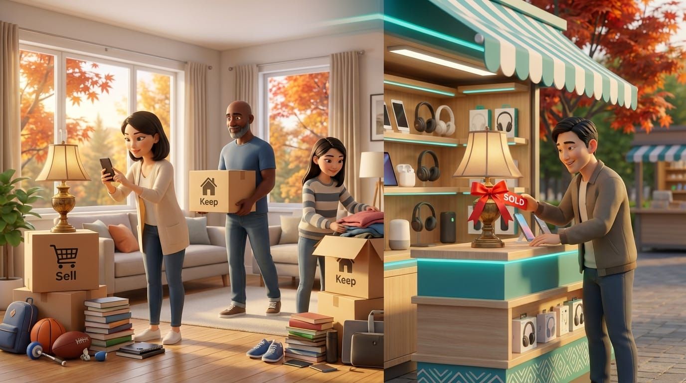 Family preparing for moving sale - sorting items at home and selling at marketplace