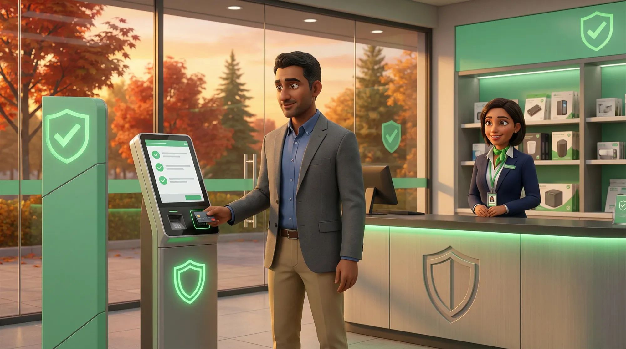 Secure payment station with verified transaction and trust shield icons
