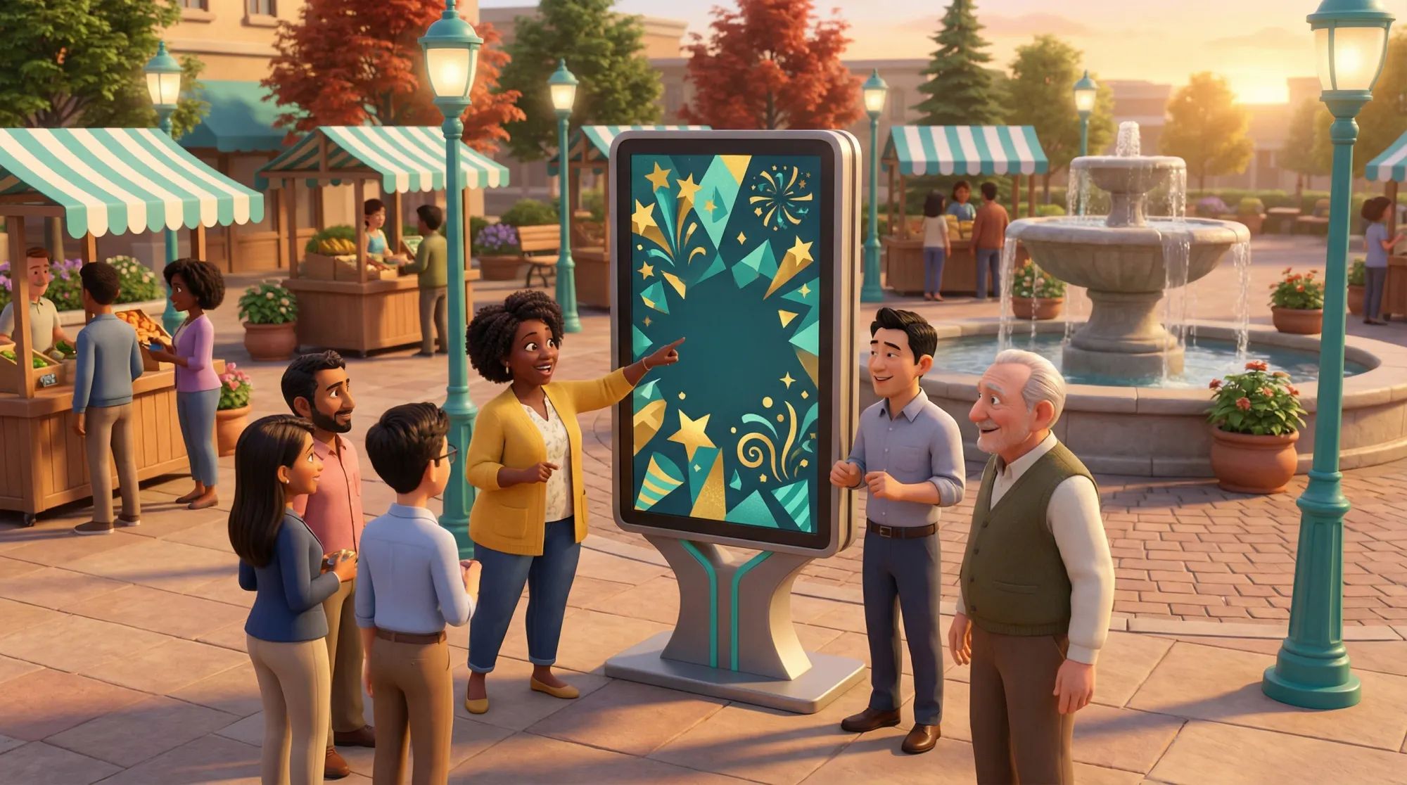 Community gathering at marketplace plaza with celebration display and fountain