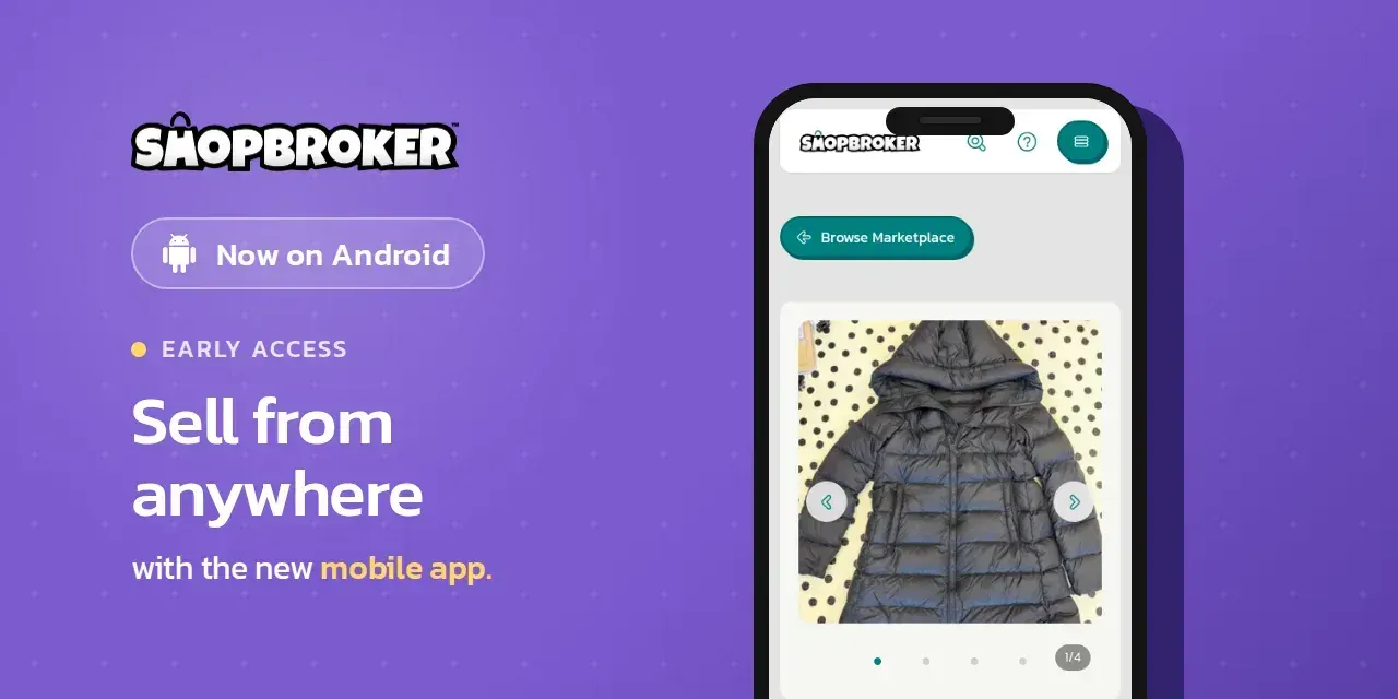 The ShopBroker Android app open beta, shown on a phone over a purple hero.
