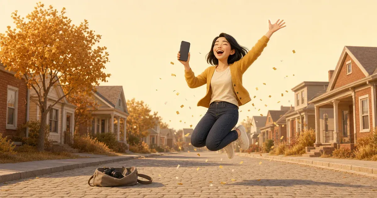A woman leaps laughing on a golden autumn street, one arm flung high and a phone held up in the other, blank and dark, gold confetti around her and a camera in an open tote on the road.