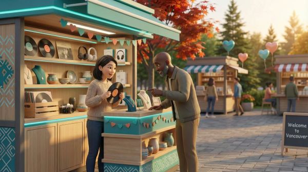 Cozy marketplace kiosk with Valentine gifts - vintage records, jewelry, and artisan goods