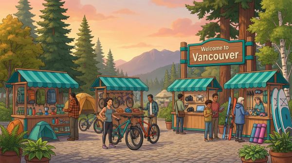 Vancouver marketplace with outdoor gear, bikes, and mountain backdrop