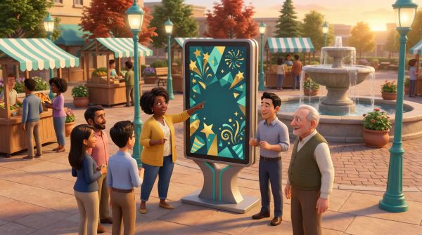 Community gathering at marketplace plaza with celebration display and fountain