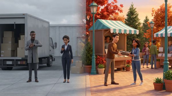 Contrast between impersonal online shipping and warm local marketplace transaction