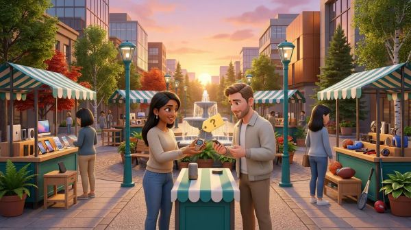 ShopBroker World marketplace scene showing a friendly negotiation between buyer and seller