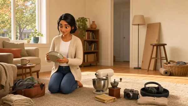 A woman sorts a ceramic plate, stand mixer, coffee grinder, camera and headphones in a sunlit living room before a move.