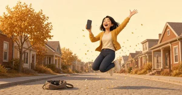 A woman leaps laughing on a golden autumn street, one arm flung high and a phone held up in the other, blank and dark, gold confetti around her and a camera in an open tote on the road.