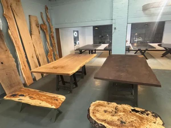 Live edge dining table with oak slab and natural edge profile