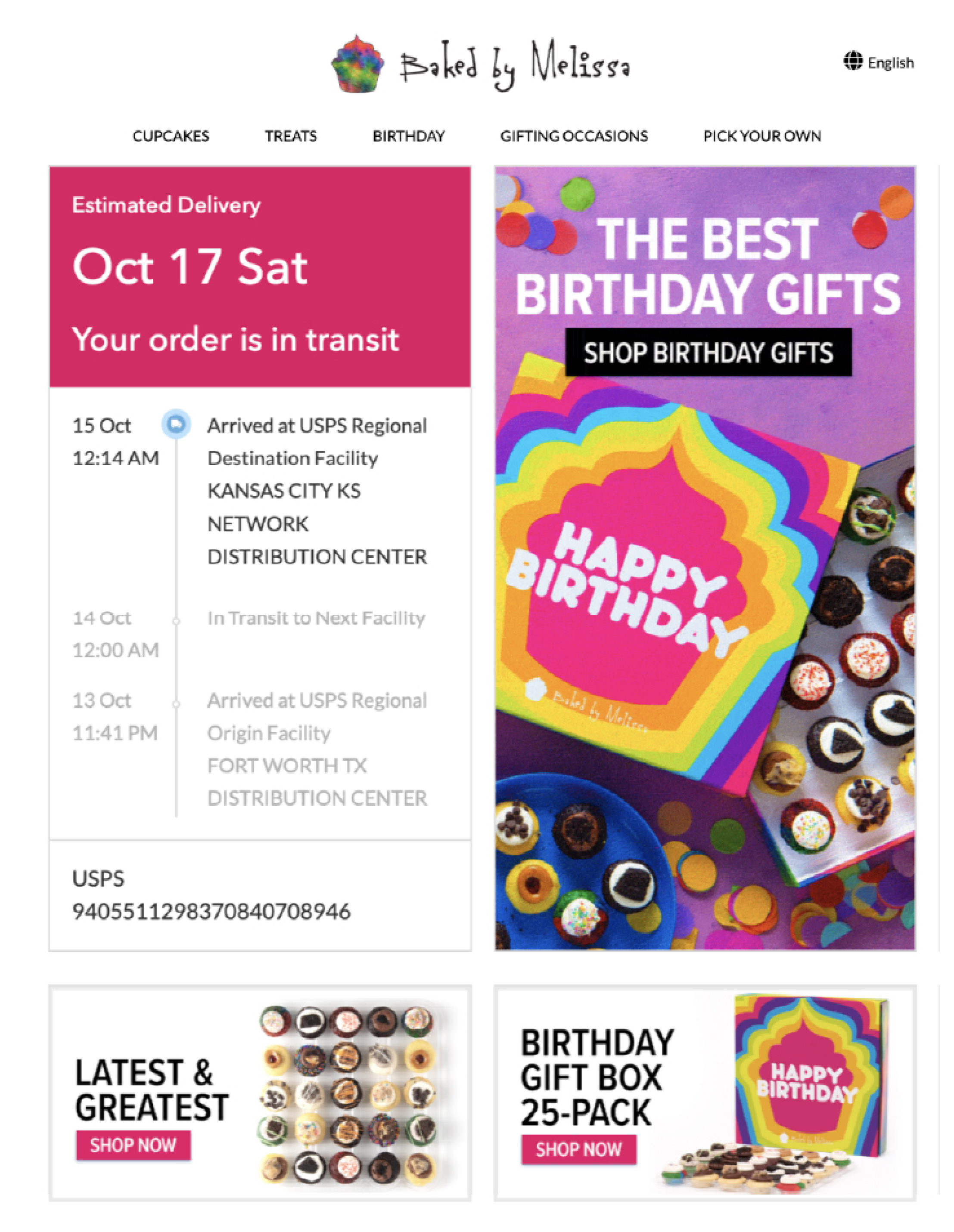 Baked by Melissa branded order tracking page