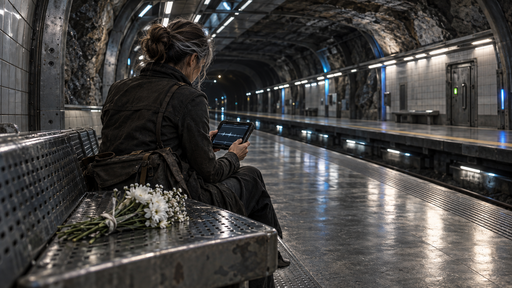Maris reviews a recording beside memorial flowers on an empty platform.