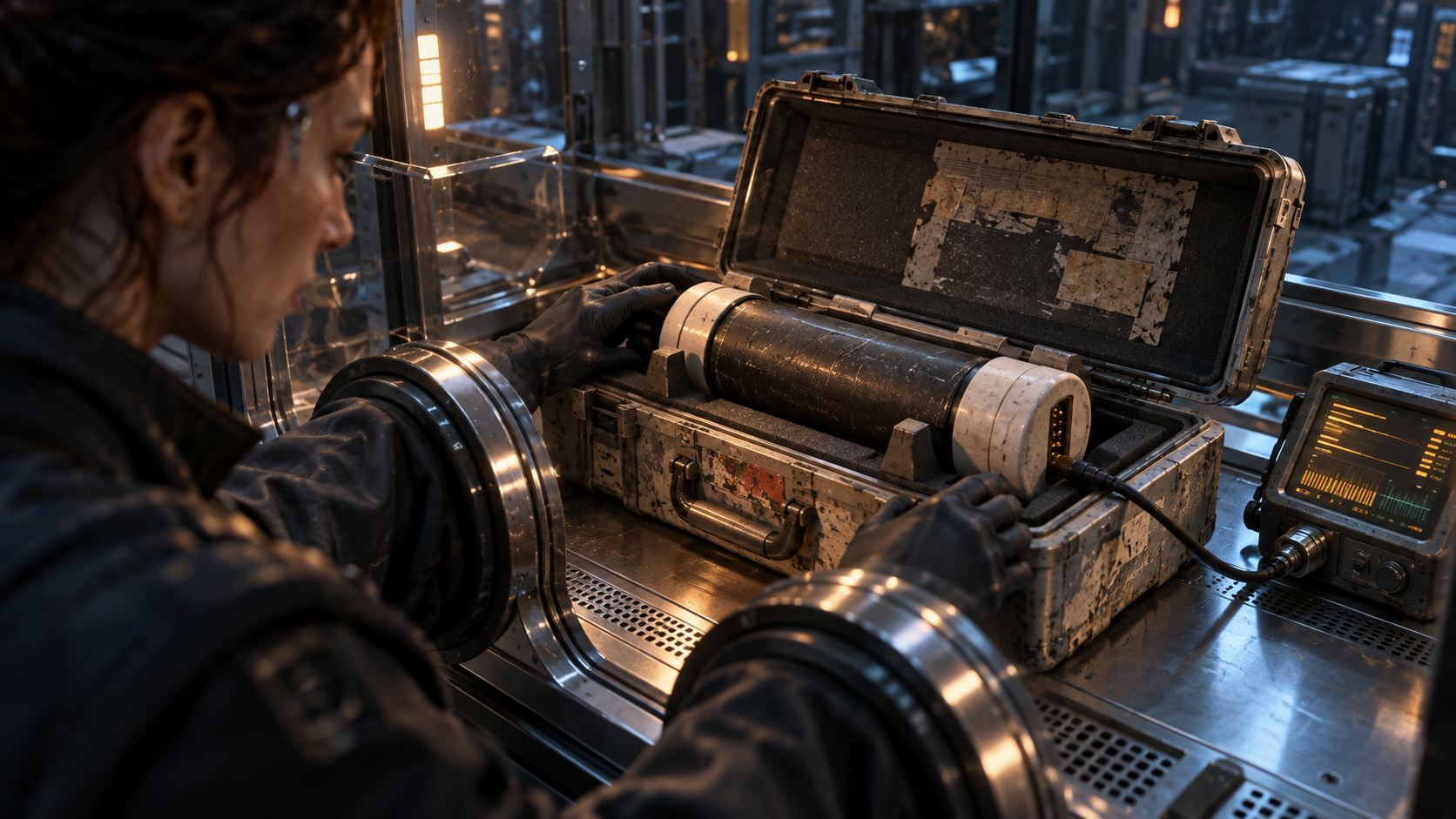 Leila examines a dark cylinder with ceramic caps inside a shielded inspection hood.