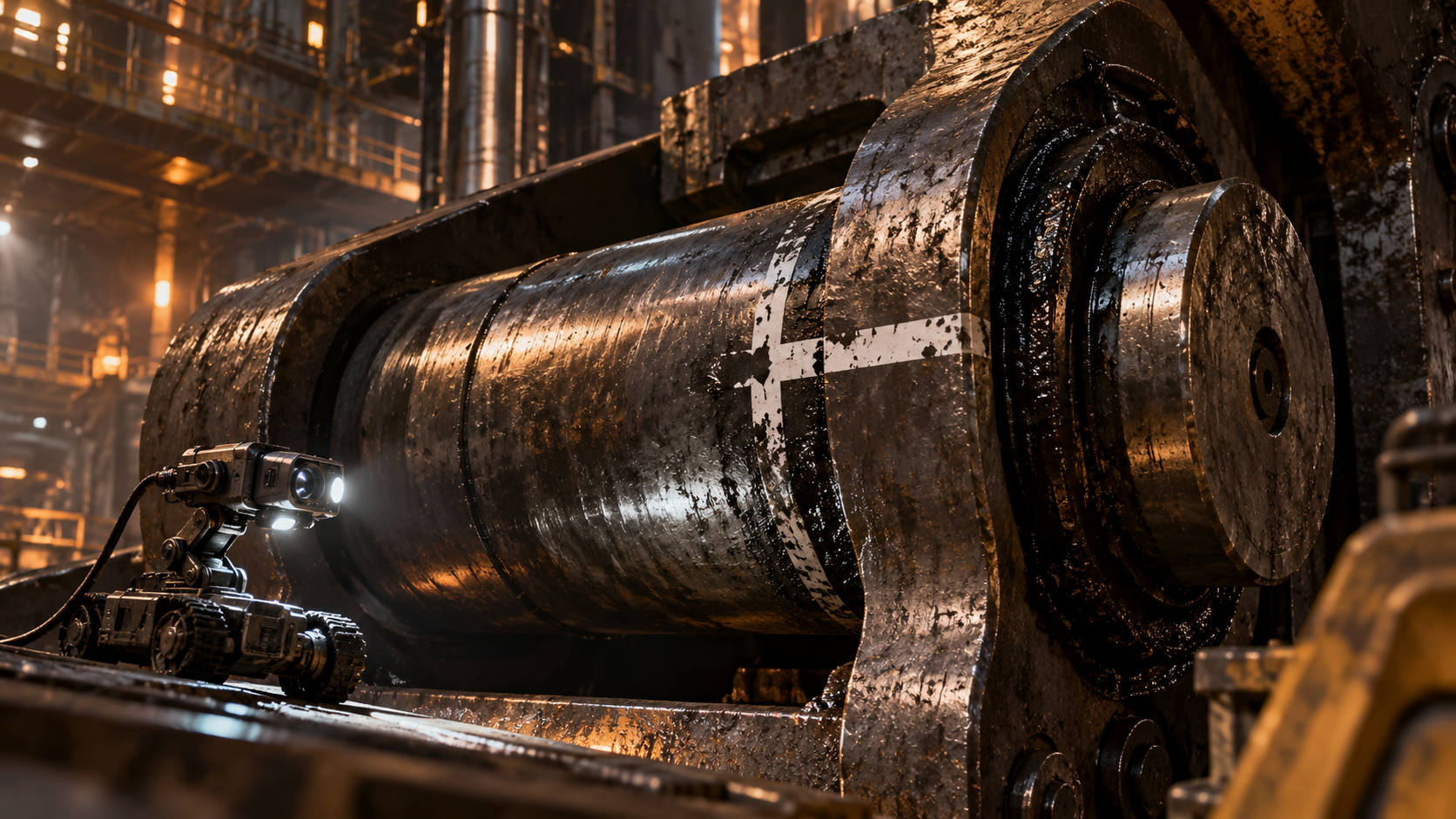 An inspection crawler examines broken witness paint on a piston holding mechanism.